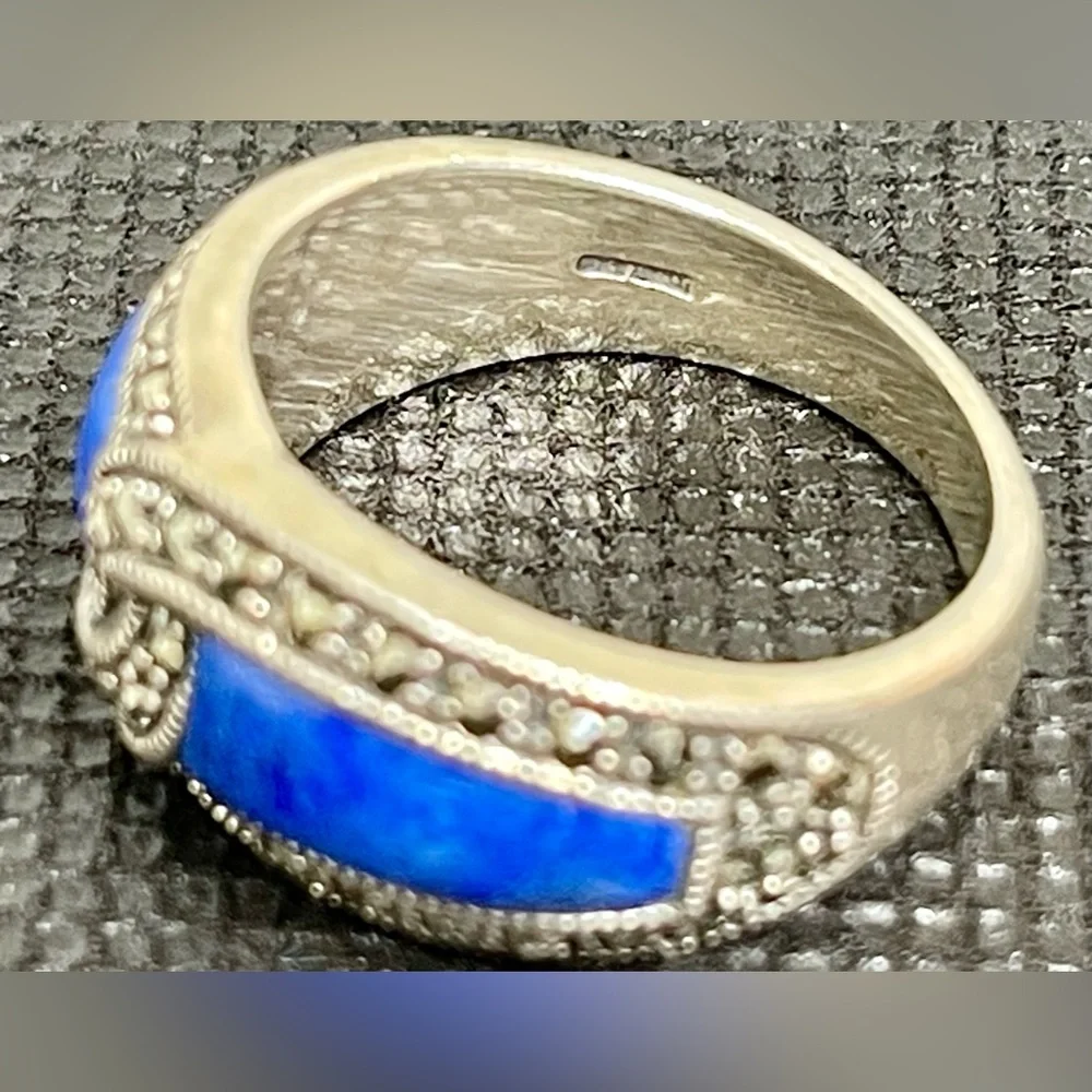 Rare Real Lapis Lazuli 925 Sterling Marcasite Heavy Weight Band Ring 8